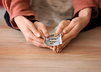 Women with son holding dollar notes on hand